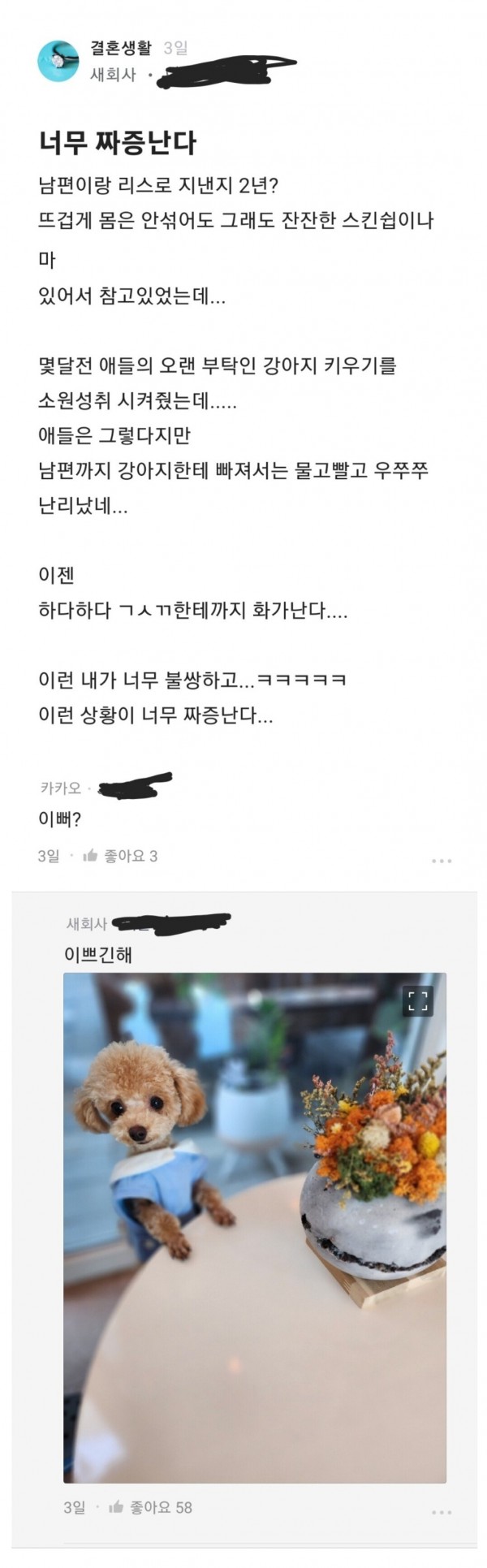 Screenshot_20230412_104038_Samsung Internet.jpg 섹스리스인것도 짜증나는데 남편이 강아지한테 빠져서 짜증난 블라인드녀.jpg